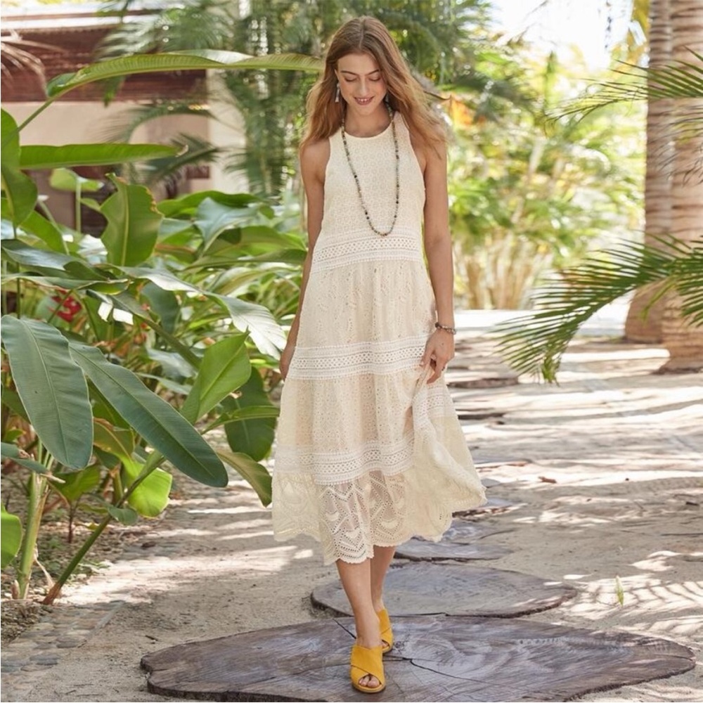 Sundance Dreamers Believe Midi Dress cream sleeveless eyelet peasant SP
